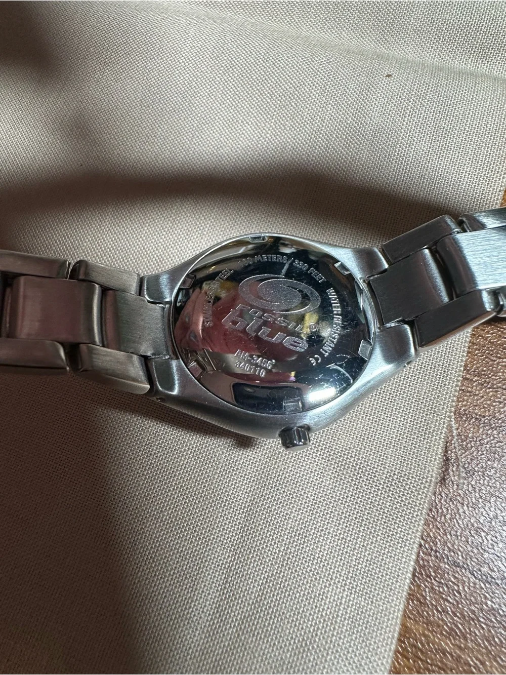 Fossil Silver Stainless Steel Watch with Purple Dial and Red Seconds Hand